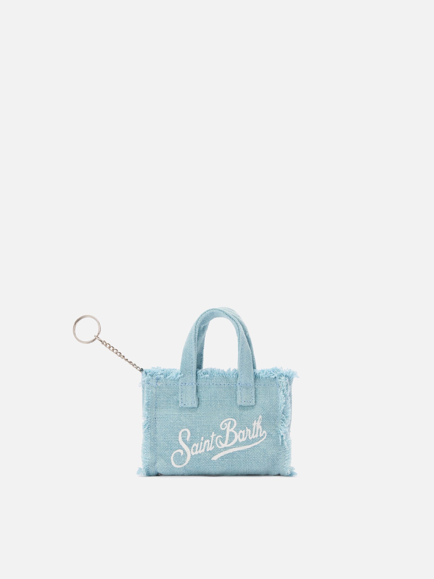 Light blue linen mini bag–shaped keychain with printed logo