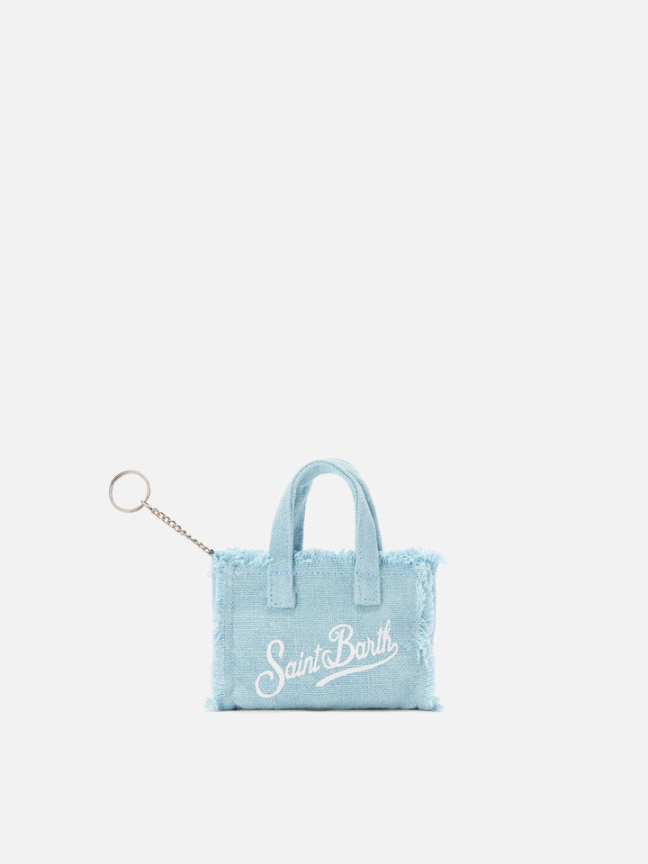 Keychain a forma di mini borsa in lino azzurro con logo stampato