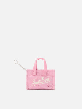 Keychain a forma di mini borsa in cotone sangallo con logo stampato