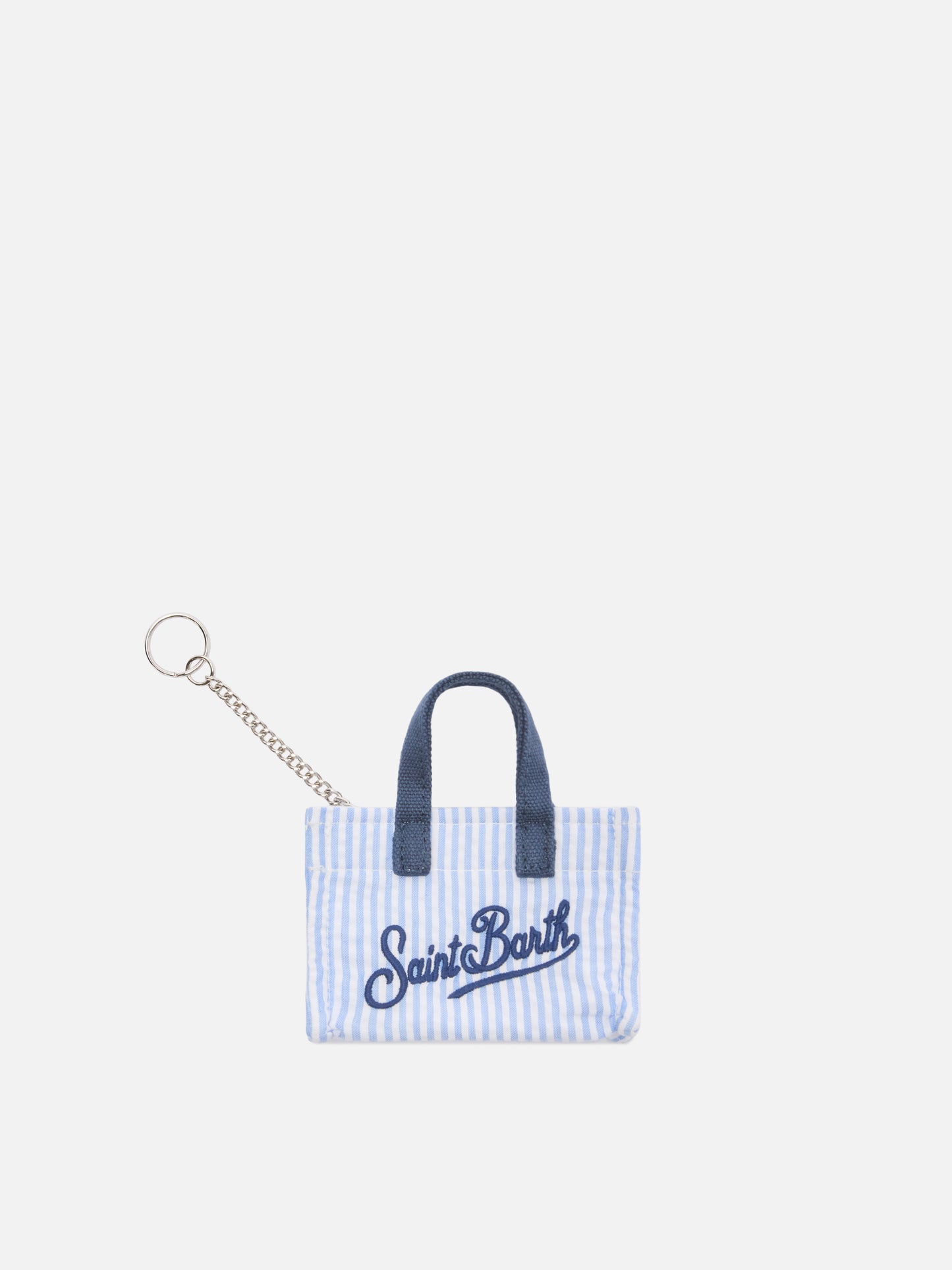 Striped cotton mini bag–shaped keychain with printed logo