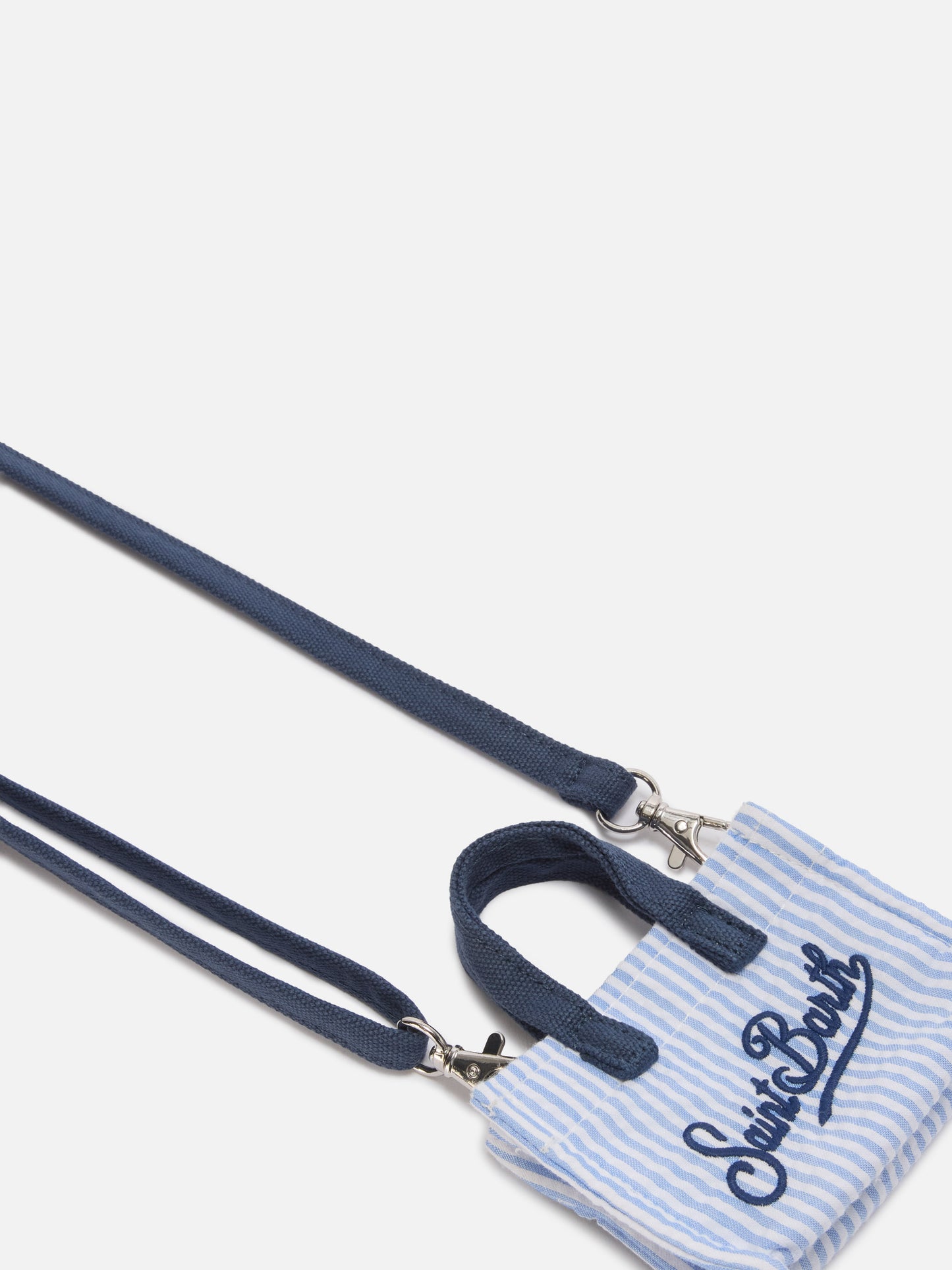Striped cotton mini bag–shaped keychain with printed logo