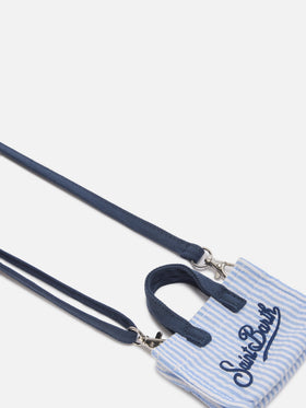 Striped cotton mini bag–shaped keychain with printed logo