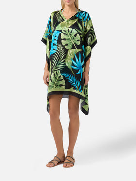 Silk caftan Khalida with tropical print