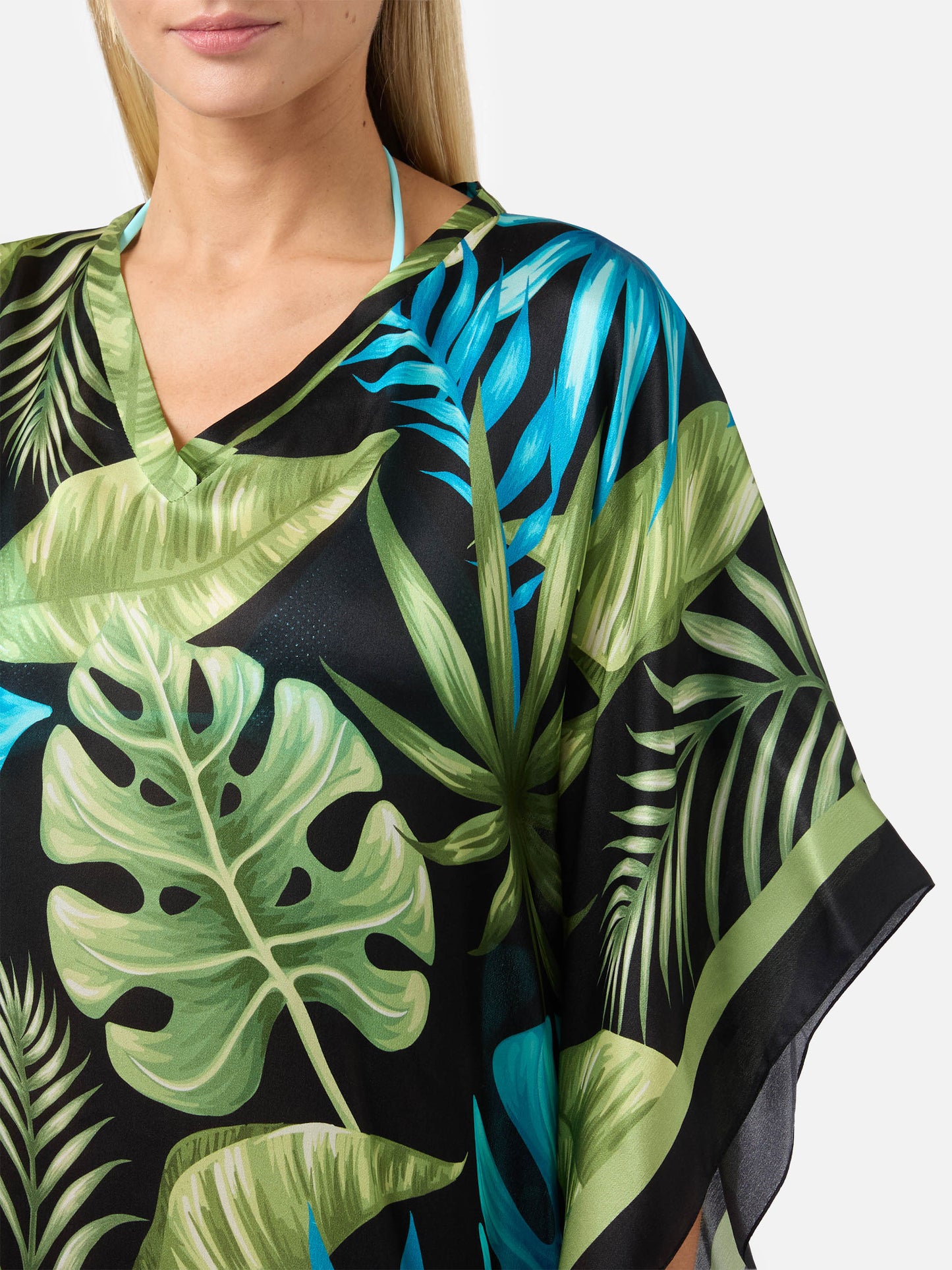 Silk caftan Khalida with tropical print