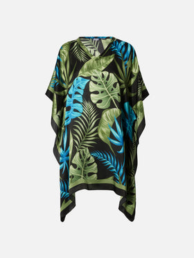 Silk caftan Khalida with tropical print