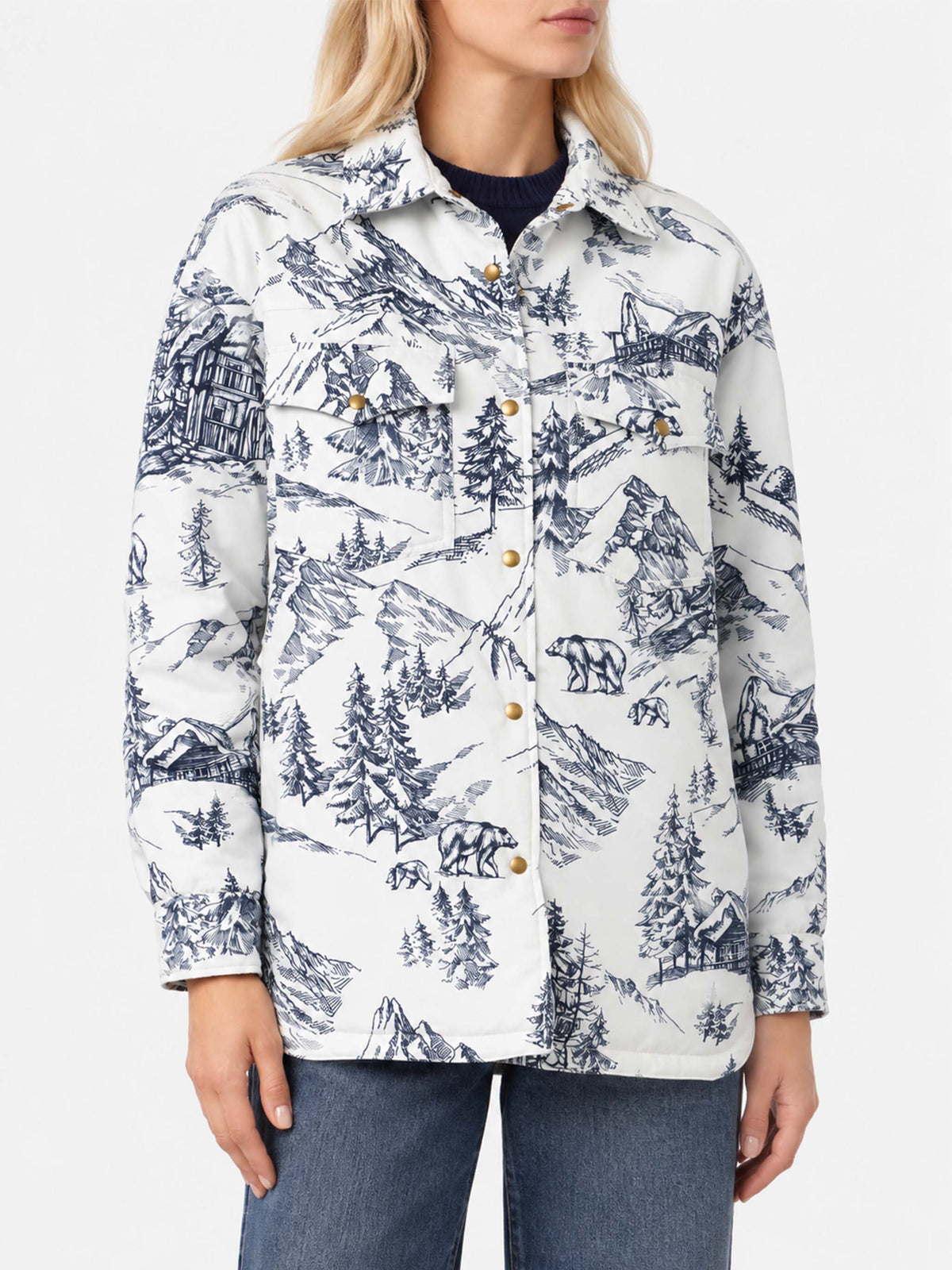 White and blue Kimmy quilted jacket with toile de Jouy print