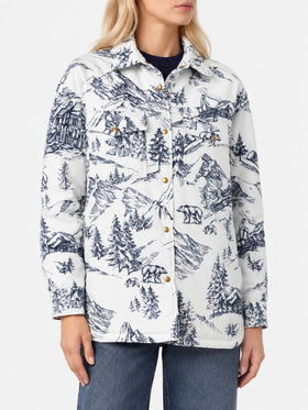 White and blue Kimmy quilted jacket with toile de Jouy print