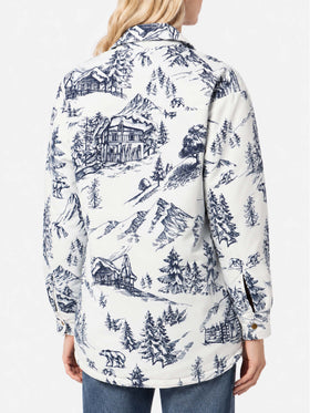 White and blue Kimmy quilted jacket with toile de Jouy print