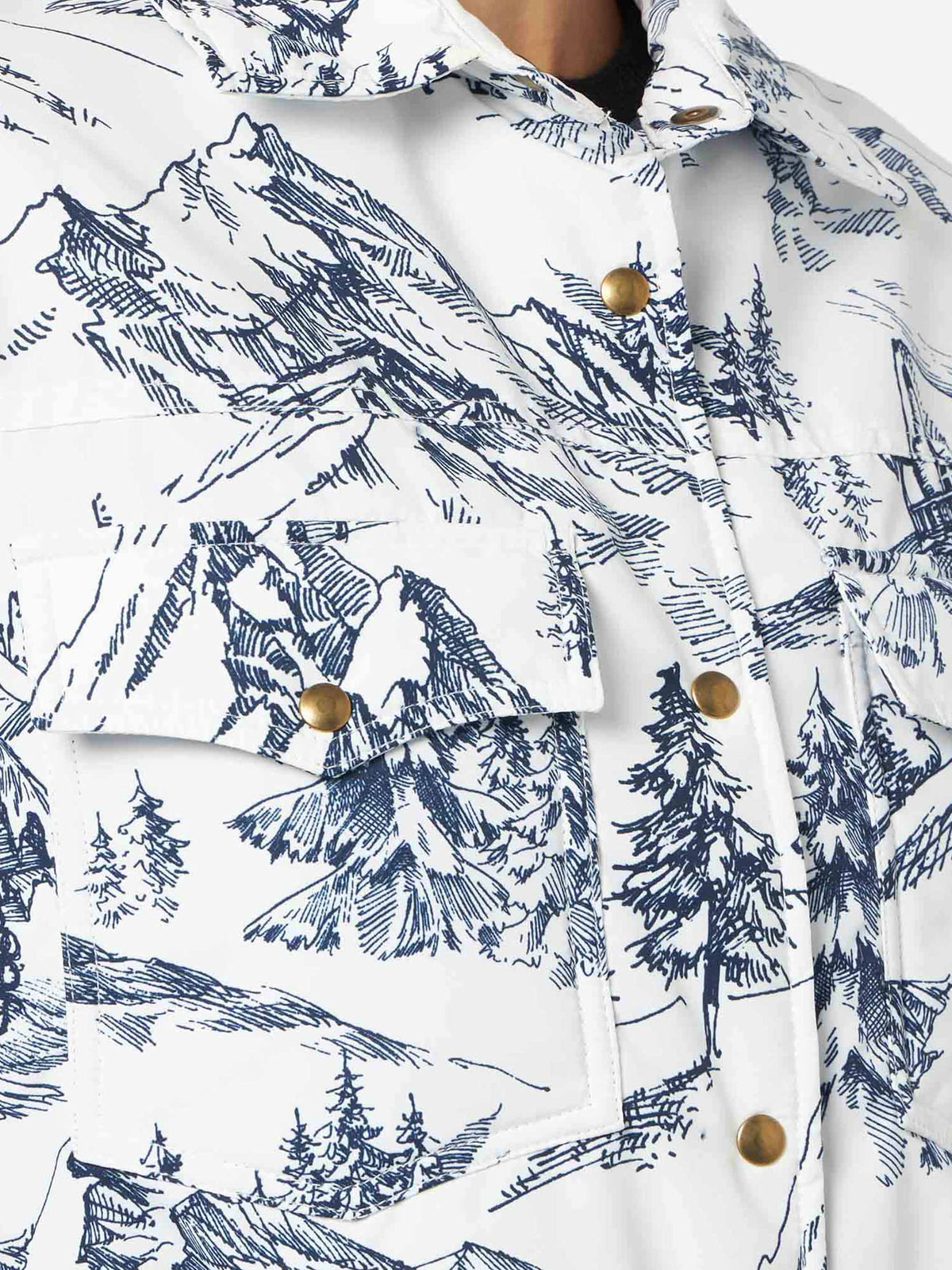 White and blue Kimmy quilted jacket with toile de Jouy print