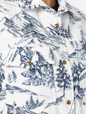 White and blue Kimmy quilted jacket with toile de Jouy print