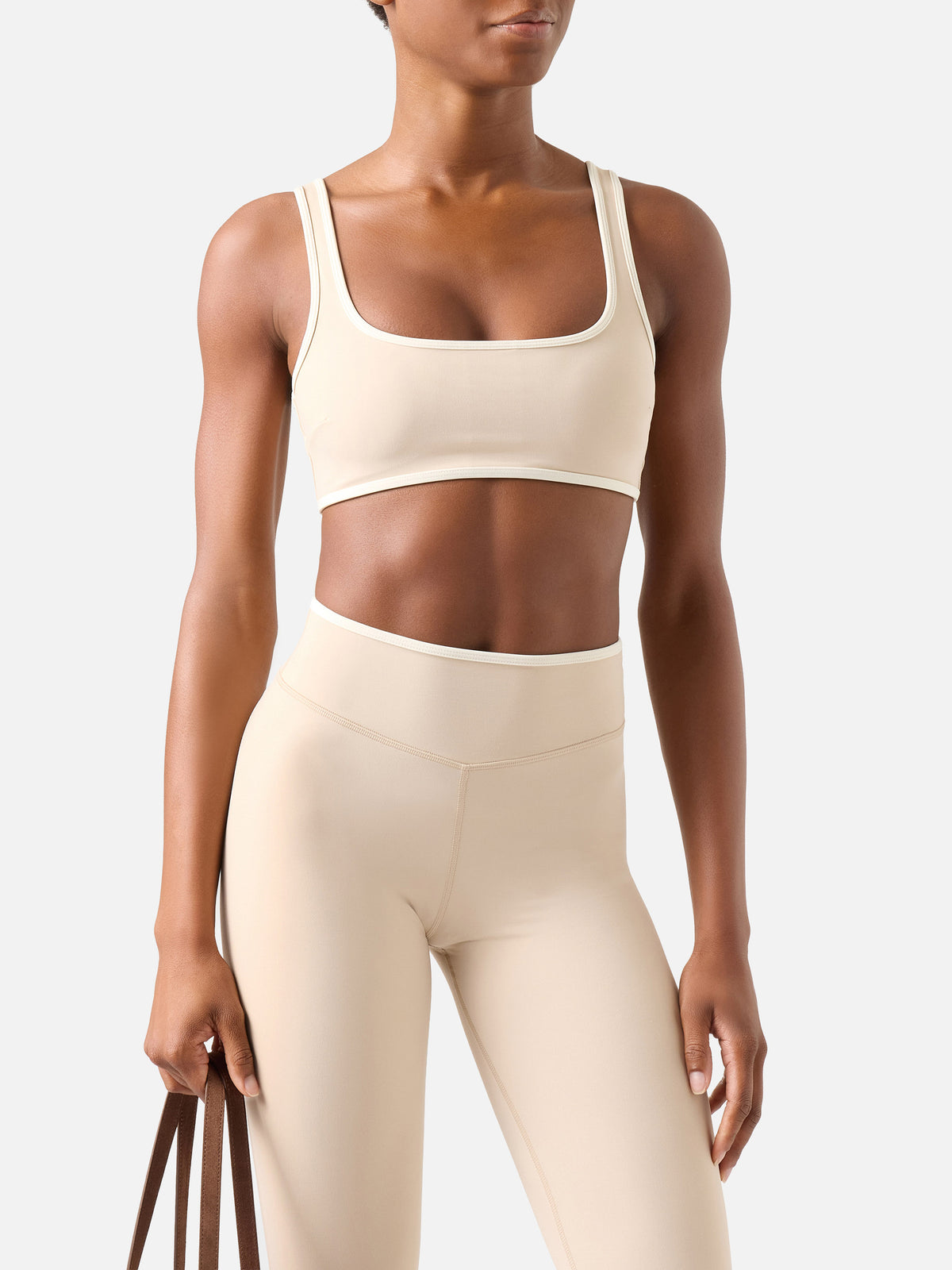Beige Kassie fitness top with contrasting trim