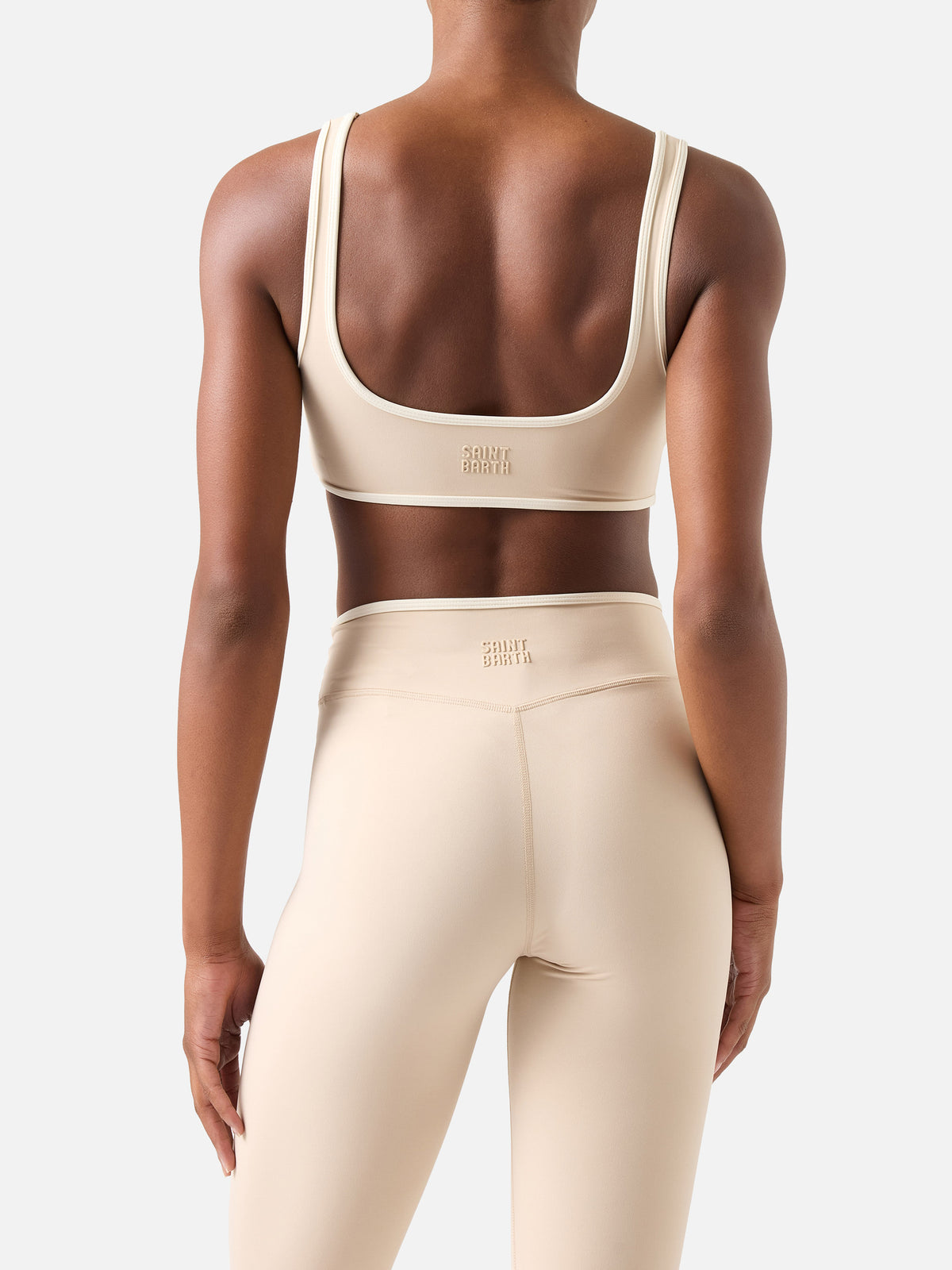 Beige Kassie fitness top with contrasting trim