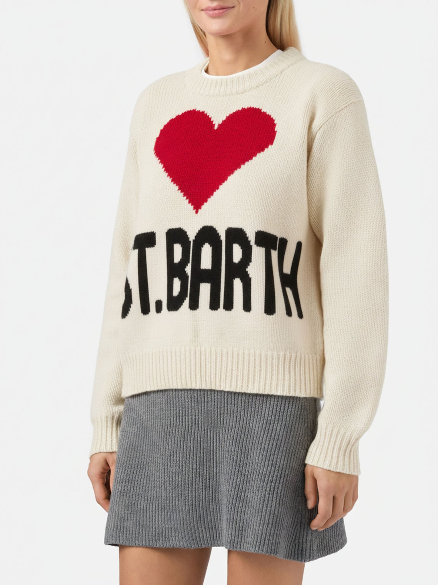 Kyla crewneck in white with I love St. Barth jacquard