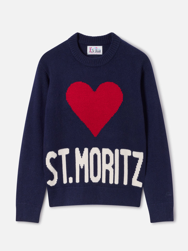 Maglia girocollo Kyla blu navy in misto lana e cashmere con intarsio St. Moritz | Special edition