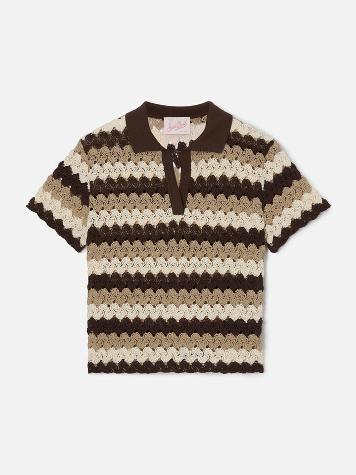 Lala crochet-effect cotton blend polo with striped pattern