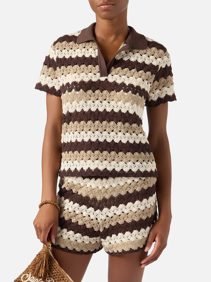 Polo Lala in misto cotone effetto crochet a righe