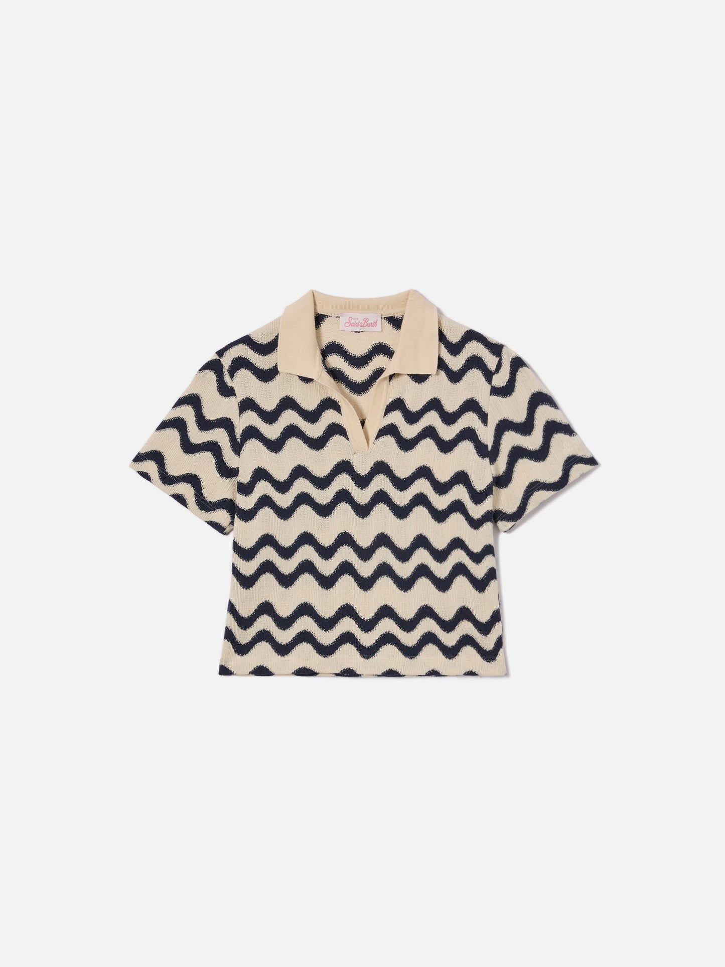 Polo Lala Jr en maille de coton mélangé à motif vagues bleu et ivoire 
