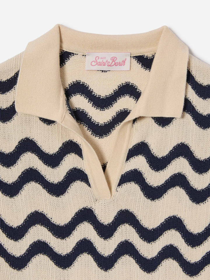 Polo Lala Jr in maglia misto cotone fantasia onde blu e avorio