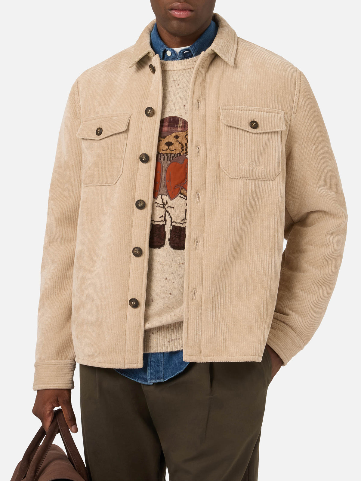 Beigefarbenes Landeck Cord-Overshirt mit Teddyfutter 