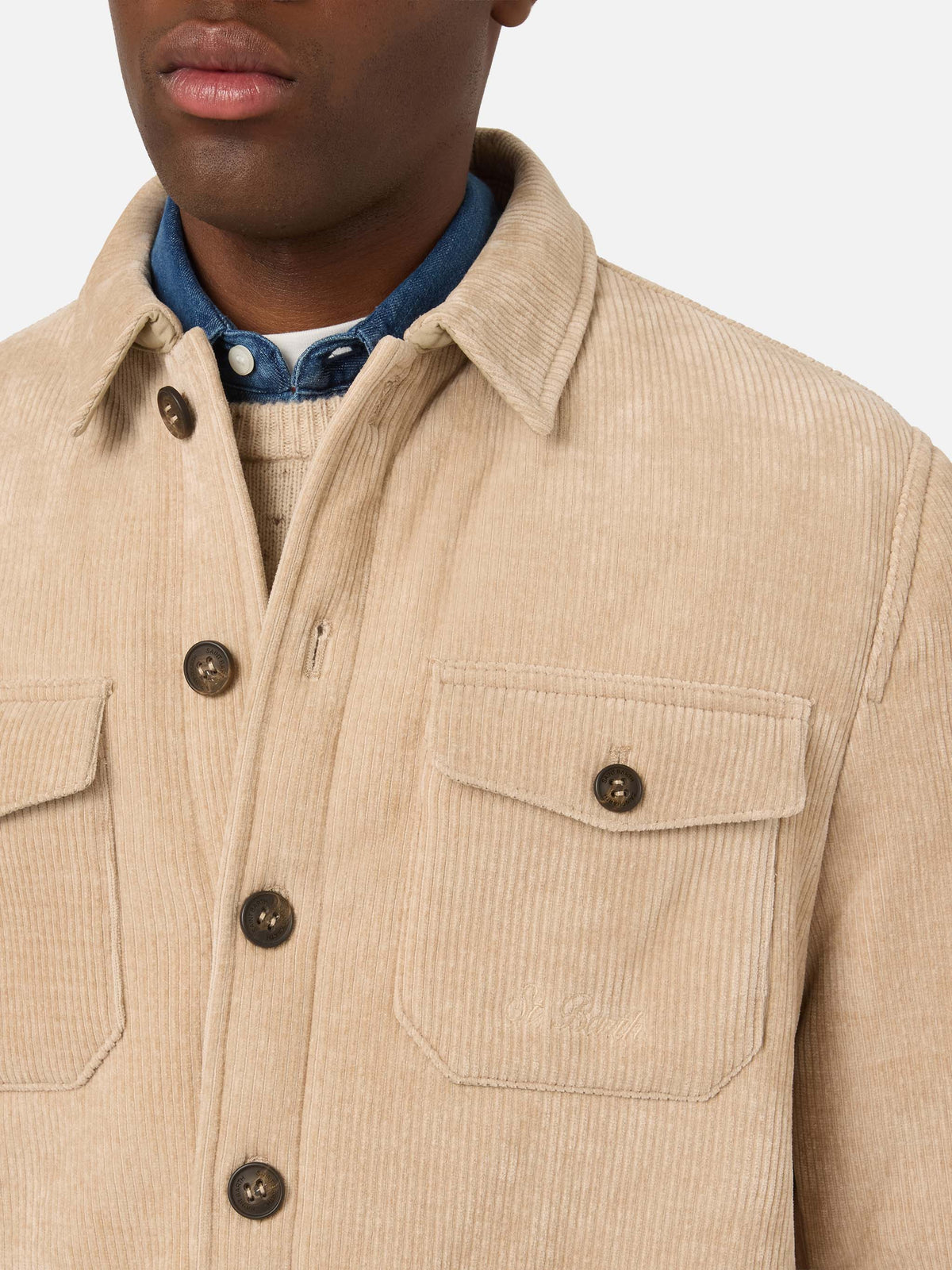 Beigefarbenes Landeck Cord-Overshirt mit Teddyfutter 
