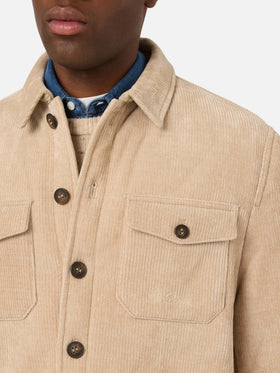 Beigefarbenes Landeck Cord-Overshirt mit Teddyfutter 