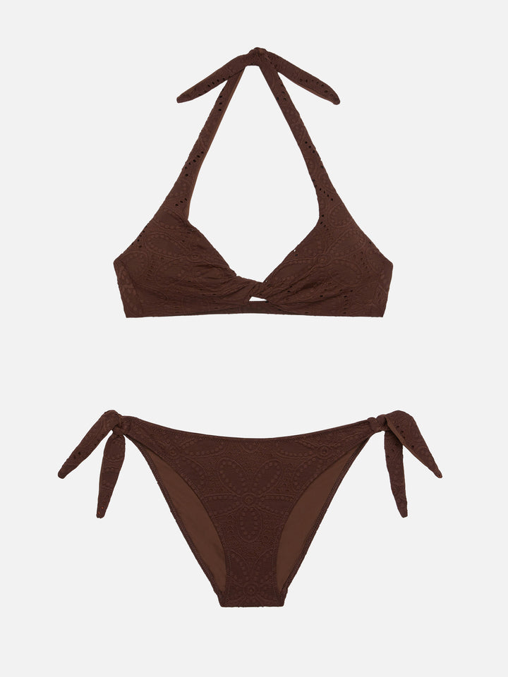 Yali slip mare classico in pizzo Sangallo marrone - Top bralette triangolo in Sangallo Leda