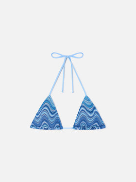 Leah triangle bikini top in light blue wave-effect raschel fabric