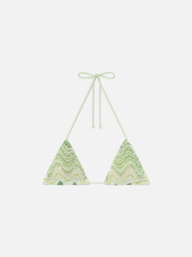 Leah triangle bikini top in green raschel fabric with sequins