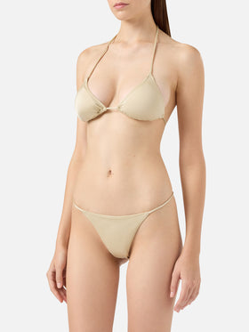 Jodene shimmer gold cheeky swim briefs - Leah shimmer gold triangle top swimsuit