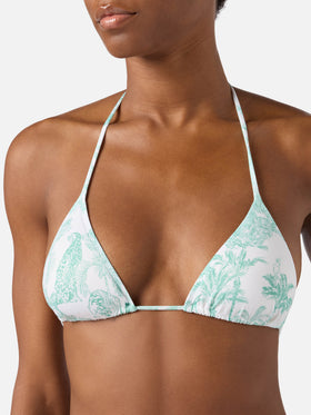 Top de bikini triangular Leah con estampado toile de Jouy verde 