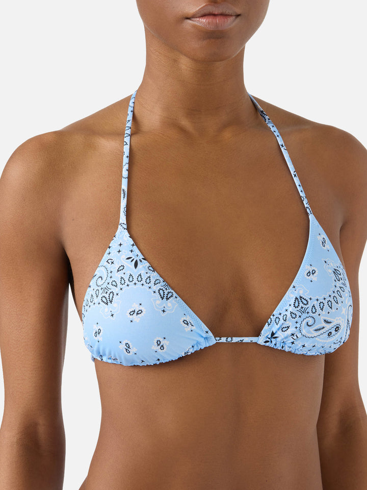 Leah triangle bikini top with light blue bandana print