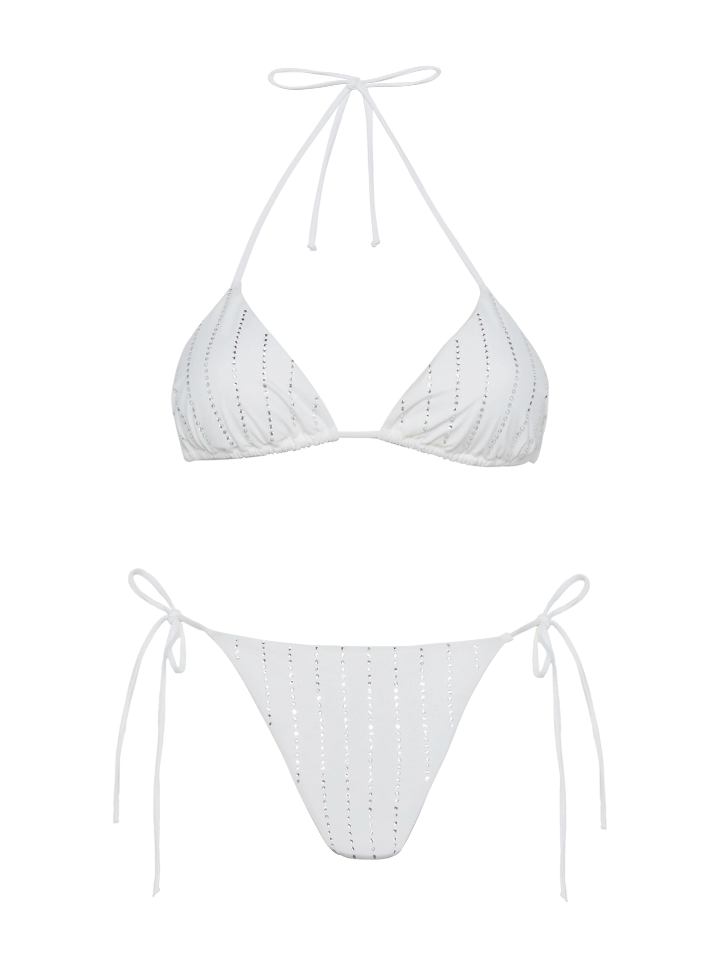 Bikini bianco classico a triangolo Leah Marielle con decorazione a righe in strass