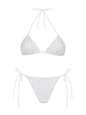 Bikini bianco classico a triangolo Leah Marielle con decorazione a righe in strass