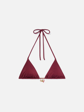 Leah triangle bikini top in red glossy finish fabric with charms