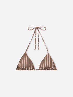 Leah triangle bikini top with beige and white stripes