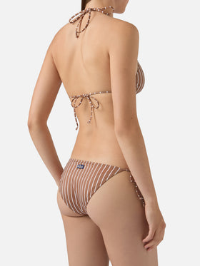 Leah Virgo beige and brown vertical striped bikini