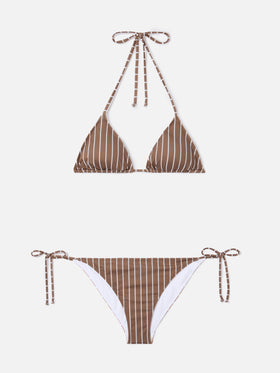 Leah Virgo beige and brown vertical striped bikini