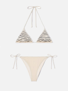 Bikini Leah Teen con acabado brillante y pedrería de strass con motivo de cebra 