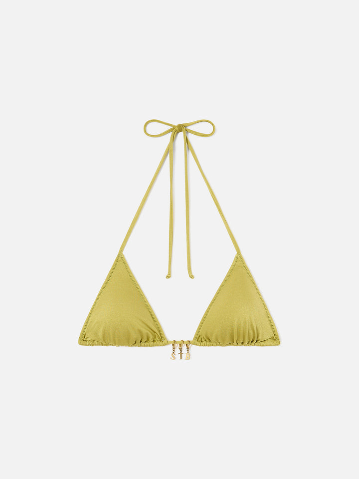 Haut de bikini triangle Leah en tissu finition brillante pistache avec charms 