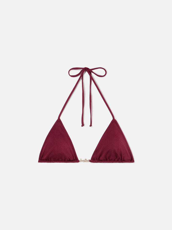 Leah Plate triangle bikini top in burgundy glossy finish fabric