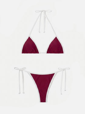 Bikini bordeaux Leah Virgo String avec finitions contrastées blanches 
