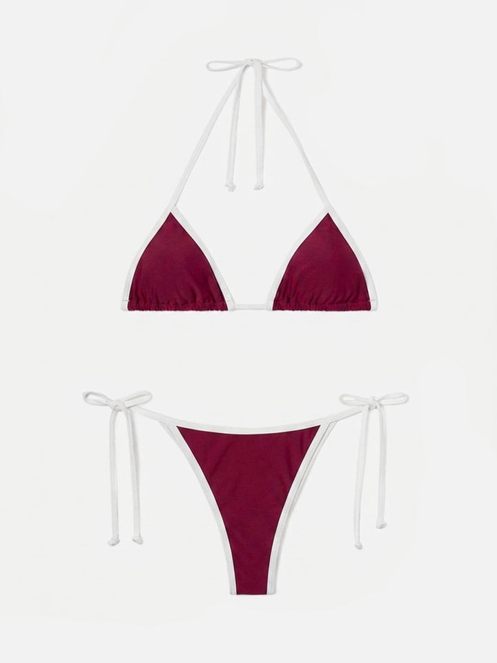 Bikini bordeaux Leah Virgo String avec finitions contrastées blanches 