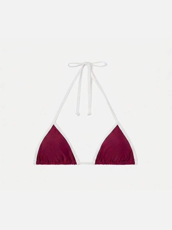 Haut de bikini triangle à ficelles Leah bordeaux avec finitions blanches 