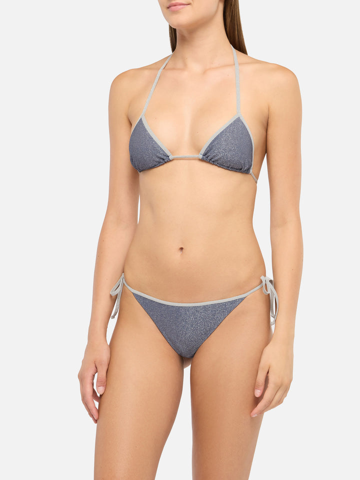 Bikini a triangolo classico Leah Marielle  in lurex color avio blue con profilo argento