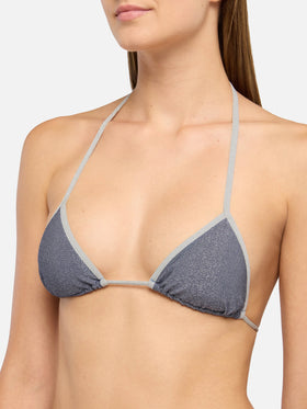 Klassische Badehose „Marielle“ aus avioblauem Lurex mit silberner Paspelierung – Triangel-Top „Leah“ aus avioblauem Lurex mit silberner Paspelierung