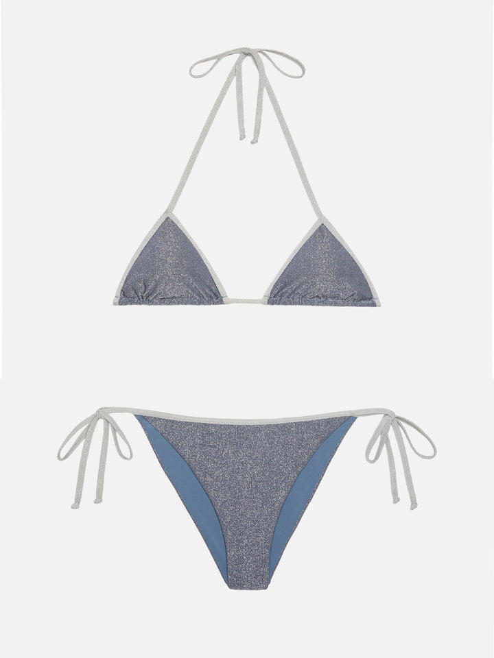 Marielle avio blue lurex classic swim briefs with silver piping - Leah avio blue lurex triangle top with silver piping