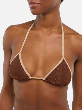 Leah – Braunes Lurex-Triangel-Top mit goldener Paspelierung