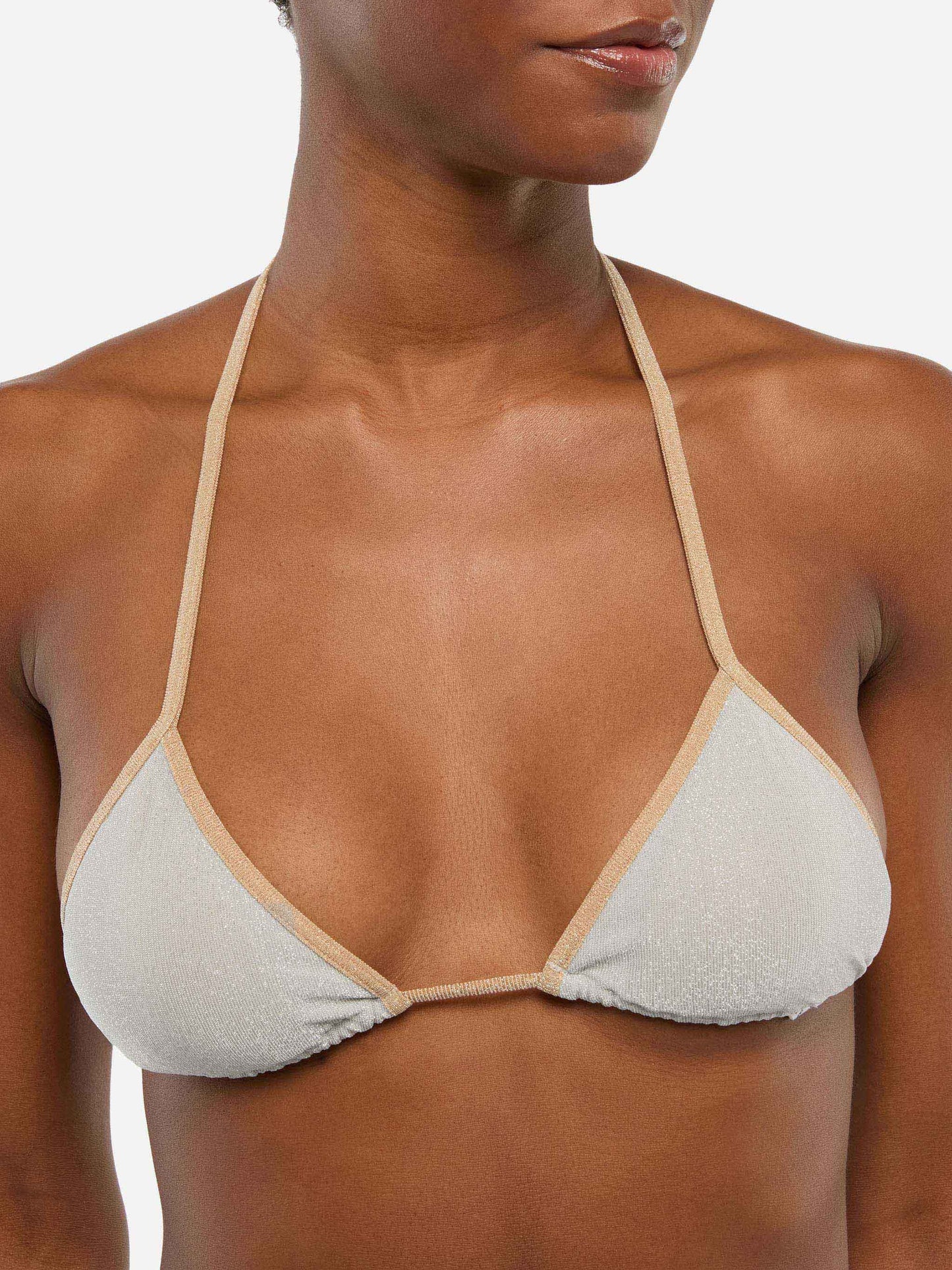 Marielle silver lurex classic swim briefs with gold piping - Leah silver lurex triangle top with gold piping
