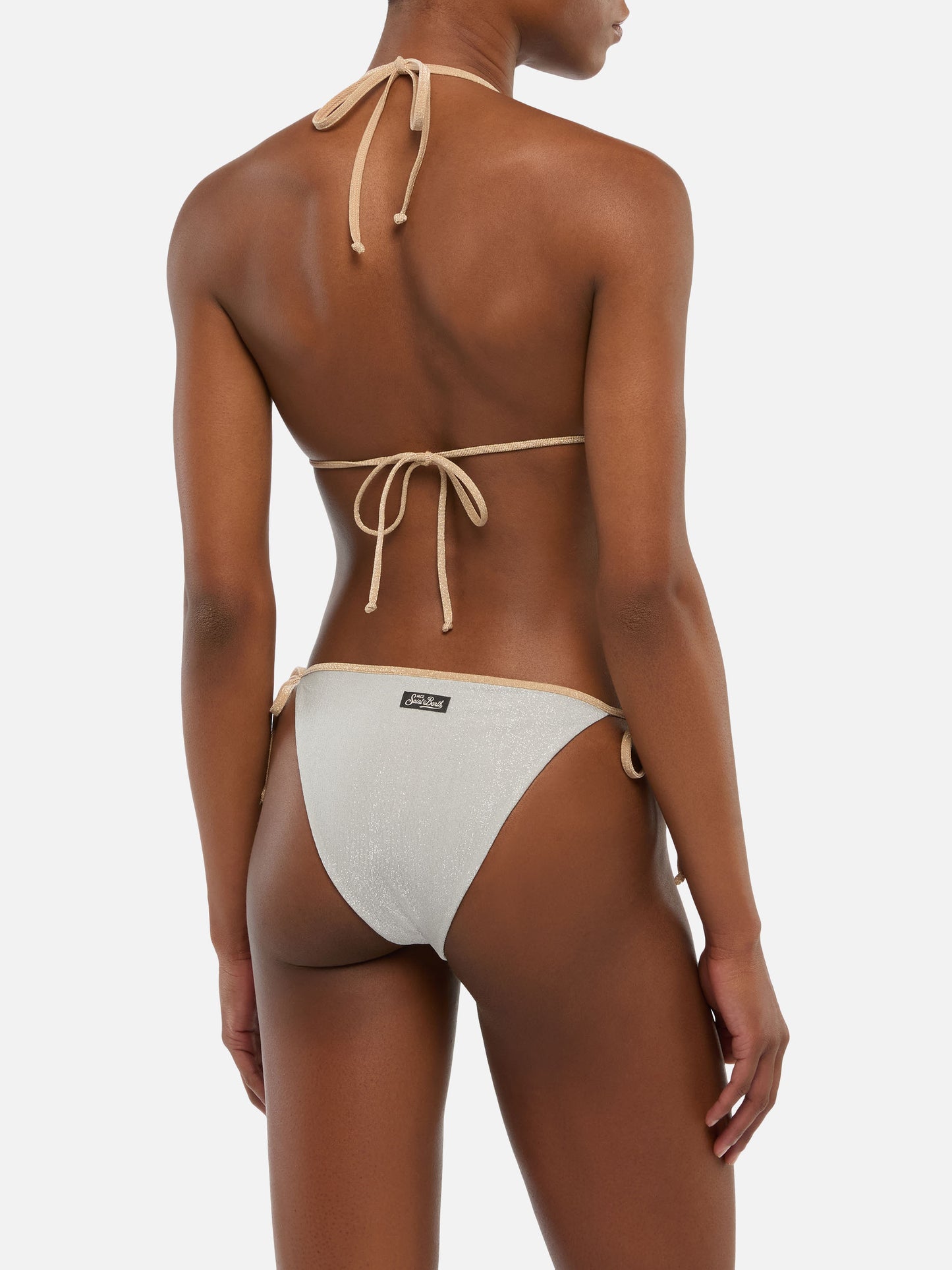 Marielle silver lurex classic swim briefs with gold piping - Leah silver lurex triangle top with gold piping