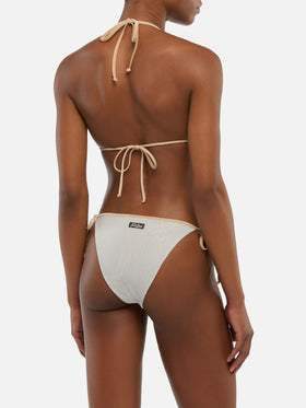 Marielle silver lurex classic swim briefs with gold piping - Leah silver lurex triangle top with gold piping